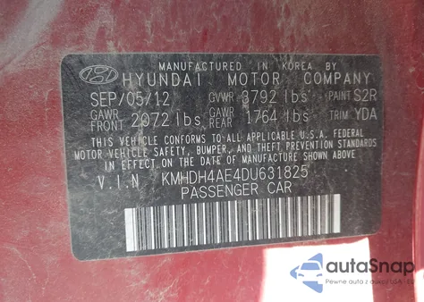 2013 Hyundai Elantra Gls from USA, damaged, VIN KMHDH4AE4DU631825
